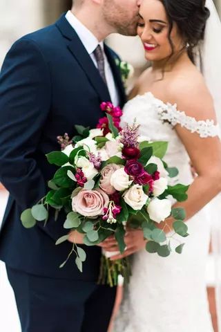 Bridal bouquet - mulberry mixed with white/light pink and greenery Mulberry Wedding, Bouquet Styles, Bridal Bouquet Styles, Zoo Wedding, Red Wedding Flowers, Green Bouquet, Emerald Wedding, Wedding Vendor, Wedding Palette