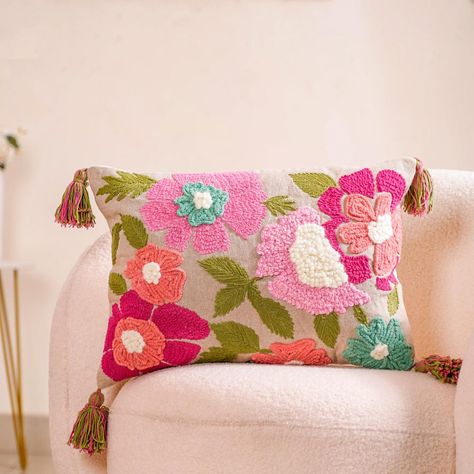 Explore floral elegance with our soft and breathable cushion covers. 🌸🌼😍 Why step outside your comfort zone when you can step right into it with your cushions? 🤭 Products included: 1. Spring Saga Embroidered Cushion Cover 20x14 Inch 2. Pink Lumbar Throw Cushion Cover With Tassels 20x12 Inch 3. Aqua Embroidered Cushion Cover Multicolour 16x16 Inch 4. Decorative Tufted Springtime Cushion Cover 16x16 Inch 5. Red Cushion Cover With Floral Embroidery 16x16 Inch 6. Ribbon And Punch Needle Embroi... Red Cushion Covers, Cushion Embroidery, Clothes Embroidery Diy, Red Cushion, Couch Cushion Covers, Rectangular Cushion, Embroidered Throw Pillows, Couch Cushion, Diy Embroidery Designs