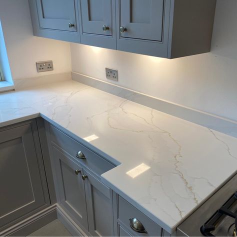 Calacatta Platinum Quartz Kitchen Worktop with Grey Cabinetry Quartz Countertops With Gold Veins, Quartz With Gold Veining, White Quartz With Grey Veining, Cashmere Gloss Kitchen, Quartz Kitchen Countertops White, Silestone Kitchen, Adu Ideas, Kitchen Countertop Ideas, Calacatta Gold Quartz