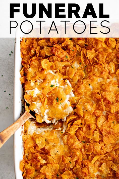 This irresistible Funeral Potatoes Recipe is a creamy, cheesy, potato hotdish casserole filled with shredded hash browns and onions and topped with a crispy cornflake topping. It's the perfect side dish for holidays, potlucks, and family dinners. Funnel Potatoes, Casserole Dinners, Dinner Suggestions, Best Thanksgiving Side Dishes, Thanksgiving Food Sides, Hashbrown Casserole, Potatoes Onions, Thanksgiving Cooking, Potato Recipes Side Dishes