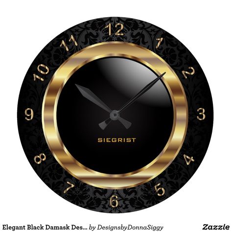 Elegant Black Damask Design Damask Design, Black Wall Clock, Cool Clocks, Clock Gift, Unique Clocks, Floral Damask, Clock Decor, Large Wall Clock, Large Clock