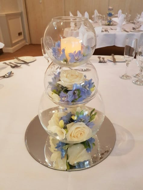 Ice Blue Wedding Centerpieces, Light Blue Table Centerpieces, Sky Blue Table Decorations, Light Blue And Gold Centerpieces, Light Blue Centerpieces Wedding, Blue And White Centerpieces For Party, Blue Party Centerpieces, Light Blue And Gold Quince, Light Blue Centerpieces