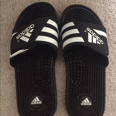 Adidas Shoes | Adidas Slides | Color: Black/White | Size: 7 Addidas Slippers, 2024vision Board, Cosy Clothes, Adidas Slippers, Slides Adidas, Cosy Outfit, Gold Adidas, Adidas Slides, Black Socks