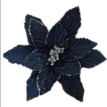 9" Navy Blue Velvet Poinsettia Stem/Pick with Silver Trim Silver And Navy Blue Christmas Tree, Blue Velvet Christmas Tree, Blue And Silver Christmas Tree Ideas, Christmas Tree Navy Blue, Navy Blue Christmas Decor, Navy Blue Christmas Tree, Emerald Christmas, Navy Blue Decor, Glass Pantry