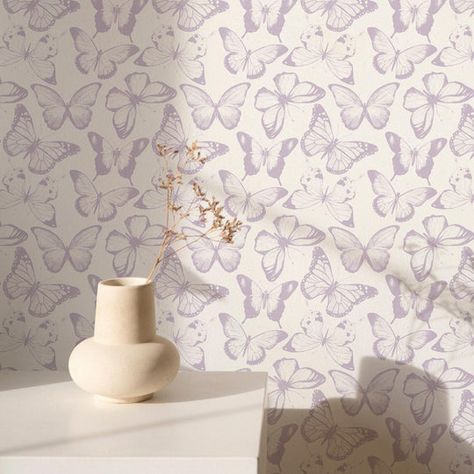 Shop our selection of feminine wallpapers for girls bedrooms here! Choose from self adhesive or traditional wallpaper materials. Purple Butterflies Wallpaper, Livettes Wallpaper, Bohemian Girls Bedroom, Butterflies Wallpaper, Purple Butterfly Wallpaper, Purple Nursery, Lavender Butterfly, Butterfly Nursery, Girly Wallpapers