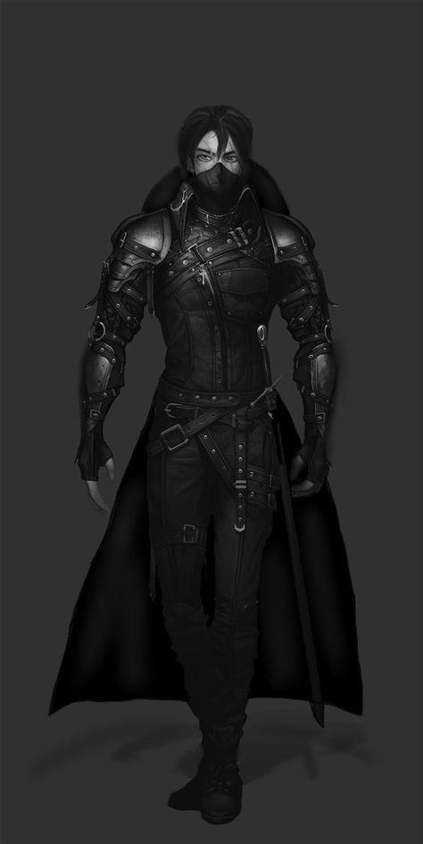 Black Battle Outfit, Black Villain Outfit Male, Male Warrior Outfit Design, Black Assassin Outfits Male, Black Robes Fantasy Male, Male Assassin Outfit, Super Hero Costumes Design Male, Black Armor Female, Super Hero Outfits Men