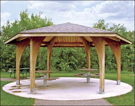 25' x 25' Laminated Wood Arch Beam Hexagon Charleston Pavilion Hexagonal Pergola Ideas, Hexagon Pergola Design, Hexagon Pergola, Octagon Pavilion, Diy Octagon Gazebo, Gazebo Pictures, Hexagon Gazebo, Wood Arch, Outdoor Living Furniture