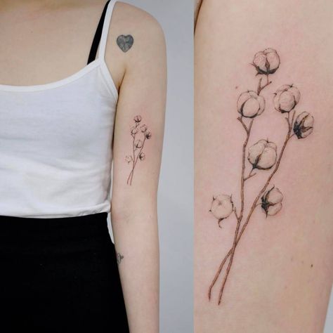 Cotton plant tattoo on the left bicep. Cotton Flower Tattoo, Best Tattoo Ever, Flower Tattoo Meanings, Plant Tattoo, Cotton Plant, Cotton Flower, Line Art Tattoos, Diy Tattoo, Fine Line Tattoos