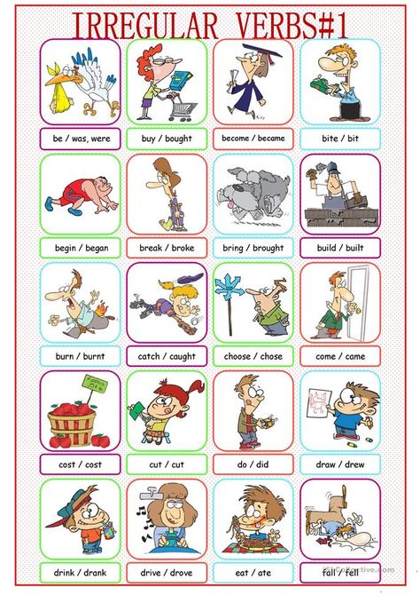 Irregular Verbs Picture Dictionary#1 - English ESL Worksheets for distance learning and physical classrooms Irregular Verb Anchor Chart, Verbs Anchor Chart, Verbs For Kids, Ingles Kids, Verb Chart, Irregular Verb, Verbs Activities, Irregular Past Tense Verbs, Irregular Past Tense