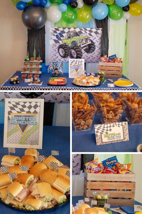 Monster Truck Appetizers, Party Favors Monster Truck, Blaze Birthday Party Food Ideas, Monster Truck Concession Stand, Monster Truck Candy Table, Monster Truck Breakfast, 2nd Birthday Monster Trucks, Smash And Crash It’s A Monster Truck Bash, Food For Monster Truck Birthday Party