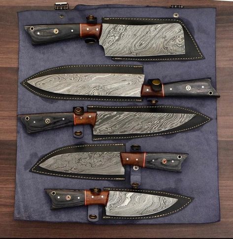 Ragnar Armory-Handmade Best Damascus steel kitchen knife set, Kitchen Knives Kitchen Knives Handmade, Handmade Chef Knife, Damascus Kitchen Knives, Damascus Chef Knives, Kitchen Knife Set, Knife Gifts, Chef Knife Set, Leather Roll, Damascus Knife