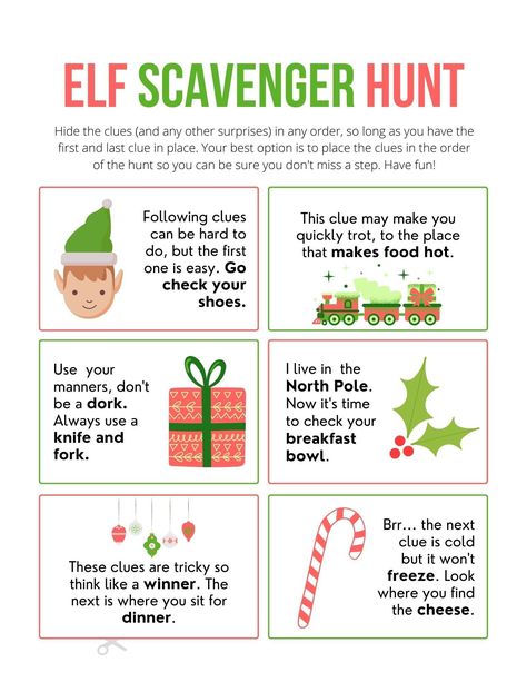 Family Elf On The Shelf Ideas, Easy Elf On The Shelf Notes, Elf Scavenger Hunt Ideas, Santa Scavenger Hunt, Scavenger Hunt Ideas For Kids Christmas, Group Elf On The Shelf Ideas, Elf On The Shelf Ideas Scavenger Hunt, Candy Cane Elf Ideas, Elf On The Shelf Ideas Candy Canes