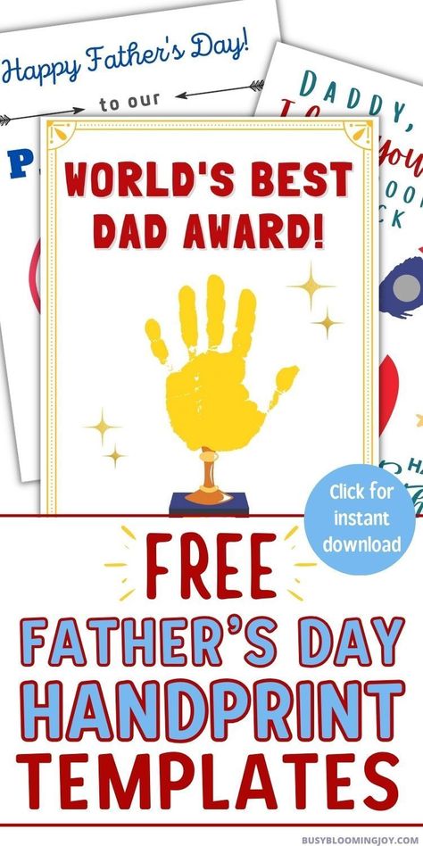 Free printable Father’s Day handprint craft templates for kids to do at home or at preschool. This handprint art bundle includes 3 Father’s Day printable templates, ideal for toddlers, babies too. Father’s Day handprint crafts to give Dad & Grandpa too. Cute Father’s Day DIY gift ideas, handprint Father’s Day cards & toddler crafts. Easy Father’s Day crafts for kids to make. Sensory activities, simple toddler crafts DIY Father’s Day crafts for toddlers. Daddy Handprint Crafts, Handprint Template, Father's Day Card Template, Diy Toddler Toys, Dad Crafts, Gift Ideas To Make, Fathersday Crafts, Fathers Day Art, Handprint Gifts