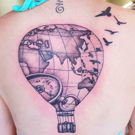 Nice Tatoos, Hot Air Balloon Tattoo, Air Balloon Tattoo, Travel Symbols, Balloon Tattoo, Travel Tattoos, Passport Stamps, Detailed Tattoo, The Compass