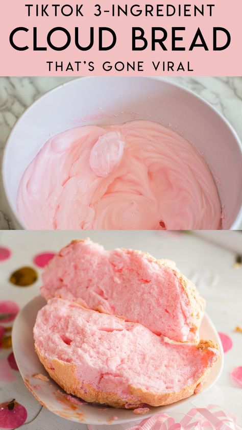 Make the 3 ingredient cloud bread that's all over tiktok and instagram right now! Cloud bread recipe! This is not the keto cloud bread. Cute dessert idea, baking, bake, dessert, pink dessert, unicorn party food #cloudbread #tiktok #instagram #pink #dessert Cloud Bread Recipe, Pink Dessert, Cloud Bread, From Tiktok, Keto Diet Meal Plan, Bread Recipes Homemade, 3 Ingredient, Keto Recipes Easy, Yummy Food Dessert