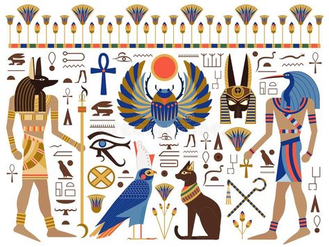 Flat Ancient Egyptian Symbols and Gods Set. Egypt mythology set with egyptian gods, symbols and hieroglyphs. Including Bast, Horus, Anubis, Thoth, sacred winged vector illustration Egyptian Wall Art, Egypt Design, Egyptian Pattern, Egyptian Painting, Egiptul Antic, Ancient Egyptian Symbols, Egyptian Design, Ancient Egypt History, Egypt Tattoo