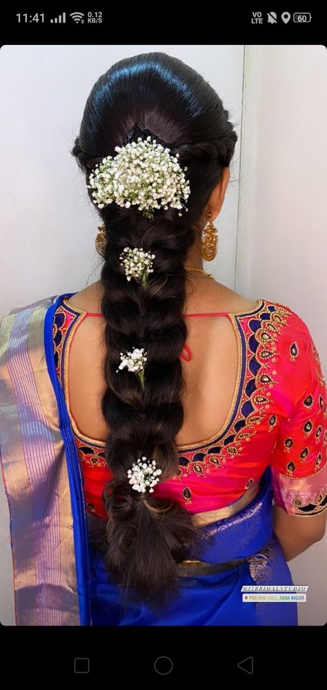 Messy Hairstyles For Long Hair Wedding Indian, Front Hair Styles For Bride, Engagement Braided Hairstyles, Traditional Hair Styles For Marriage, Veni Hairstyle Indian, Marriage Hairstyles Indian Brides Saree, South Indian Bridesmaid Hairstyle, Hairstyle For Seemantham, Hairstyle For Pattu Saree