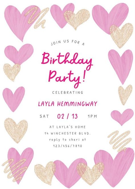 Birthday Greetings Template, Birthday Invitation Template Free Editable, Heart Themed Birthday, Girl Birthday Invitations, Birthday Invitation Design, Birthday Invitations Diy, Neon Birthday, Bday Invitations, Greetings Island