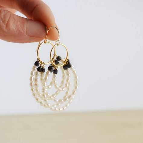 Unique Layered Pearl Earrings for Women - Circle Hoop Handmade Jewelry - Handmade Beaded Earrings - Freshwater Pearl and Black Hematite Dangle Earrings  Wear this to the office and get noticed!!  #EarringsPearlModern #Pearldangleearrings #Bohoblackandpearl #chicworkwear #lepajewelry Women Circle, Handmade Beaded Earrings, Rice Pearls, Hoop Dangle Earrings, Women's Circle, Handmade Earrings Beaded, Pearl Hoop Earrings, Hematite Beads, Handmade Gold