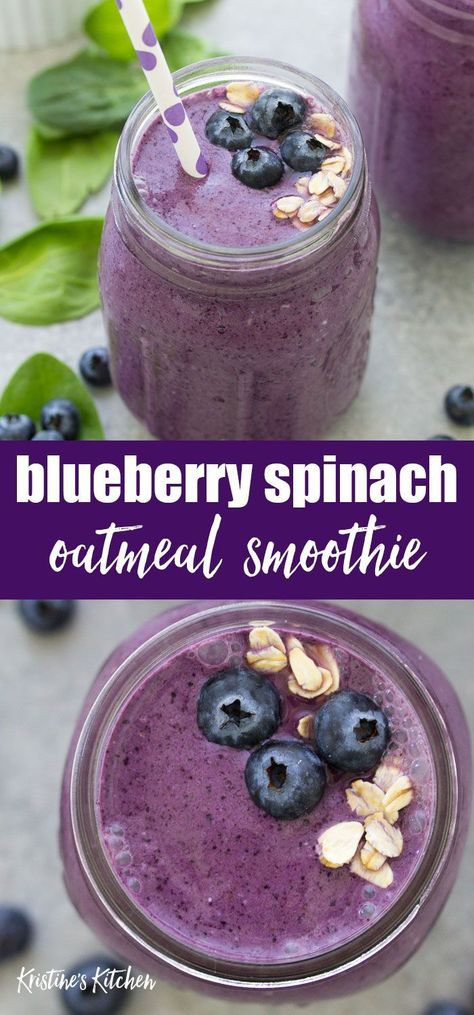 Spinach Oatmeal, Pancakes Low Carb, Blueberry Spinach Smoothie, Smoothie Without Banana, Spinach Breakfast, Blueberry Smoothie Recipe, Smoothies Vegan, Oatmeal Smoothie, Smoothie Fruit