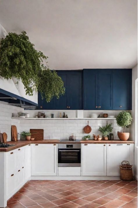 Warm and cool tones in Mediterranean-style kitchen Blue And Terracotta Kitchen, California Spanish Kitchen, Light Blue Terracotta, Popular Kitchen Colors, Terracotta Kitchen, Spanish Home Interior, Kitchen Color Palettes, Inviting Kitchen, Spanish Kitchen