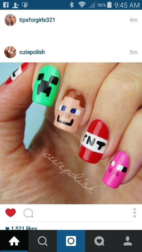 Minecraft Nails, Mc Nails, Crazy Nail Art, Funky Nail Art, Nails Easy, Nail Art Designs Diy, Crazy Nails, Nails For Kids, Rainbow Nails