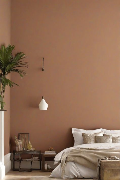 interior bedroom design, home decorating, living room interior, home interior design Bedroom With Feature Wall Colour, Clay Paint Living Room, One Wall Colour Bedroom, Cocoa Wall Color, Arizona Dust Valspar, Bedroom Clay Color, Plaster Wall Bedroom, Clay Coloured Bedroom, Salmon Bedroom Walls