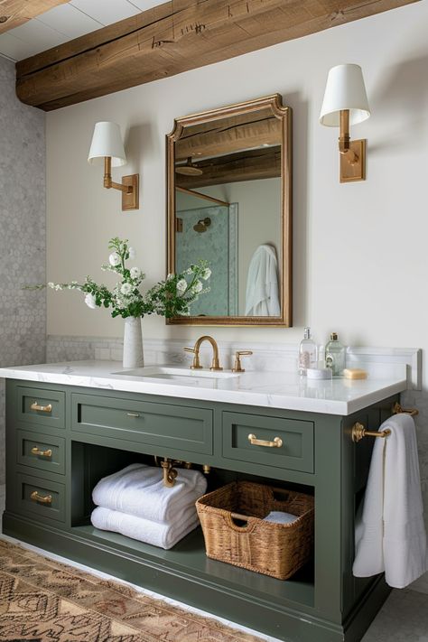 Farmhouse Bathroom Design Ideas for a Modern Rustic Look Green Vanity, Farmhouse Bathroom Design, Minimalist Kitchen Design, Green Cabinets, Main Bathroom, Bathroom Inspo, Green Bathroom, Traditional Bathroom, Bathroom Remodel Master