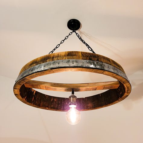 Whisky Barrel Lighting - Pendant Rustic Ceiling Lamp - Modern Decor - Whiskey Pendant - Rustic Charm - Barrel Ring Chandelier Whiskey Barrel Bands Ideas, Metal Wine Barrel Rings, Silo Bar, Wine Barrel Art, Repurpose Projects, Stretch Tent, Tent Ideas, Barrel Ideas, Whiskey Barrel Furniture