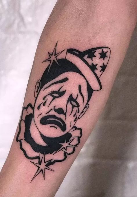 Traditional Tattoos Clown, Scary Patchwork Tattoos, Black And White Clown Tattoo, Gothic Clown Tattoo, Hobo Clown Tattoo, Disturbing Tattoo Ideas, Scary American Traditional Tattoo, Weird Art Tattoo, Creepy Smile Tattoo