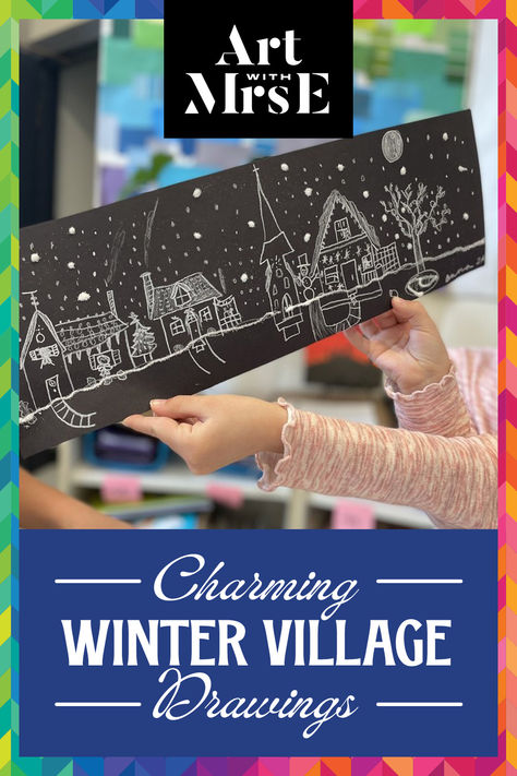 White on black landscape drawing of winter village created from our Winter Village Drawing guide. Winter Town Drawing, Winter Village Drawing, Cardboard Gingerbread Houses, Winter Village Art, Christmas Village Art, Drawing A House, December Art, Drawing Winter, Art Drawing Ideas