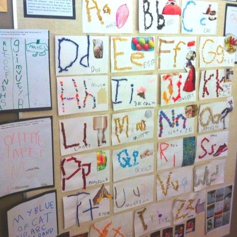 love this student created word wall! Alphabet Display, Reggio Classroom, Preschool Language, Kindergarten Language Arts, Literacy And Numeracy, Kids Literacy, Preschool Literacy, Alphabet Crafts, Teaching Letters