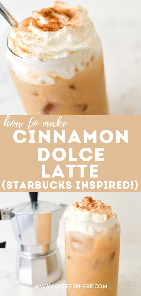 Summer Latte Recipes, Nespresso Iced Latte Recipes, Latte Recipe Iced, Cinnamon Drinks, Cinnamon Latte Recipe, Latte Ideas, Cinnamon Dolce Latte Recipe, Iced Latte Recipe, Cinnamon Drink