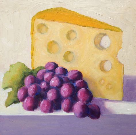 Swiss Cheese with Grapes by Pat Doherty, Oil, 6 x 6 x 1.5 Swiss Cheese, Grapes, Cheese