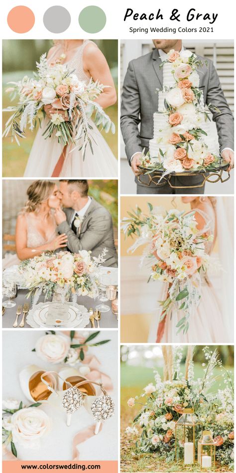 June Wedding Colors, Peach Wedding Colors, Wedding Cake Centerpieces, Wedding Grey, Spring Wedding Color Palette, Cake Centerpieces, Peach Bouquet, Wedding Color Combinations, Wedding Color Pallet