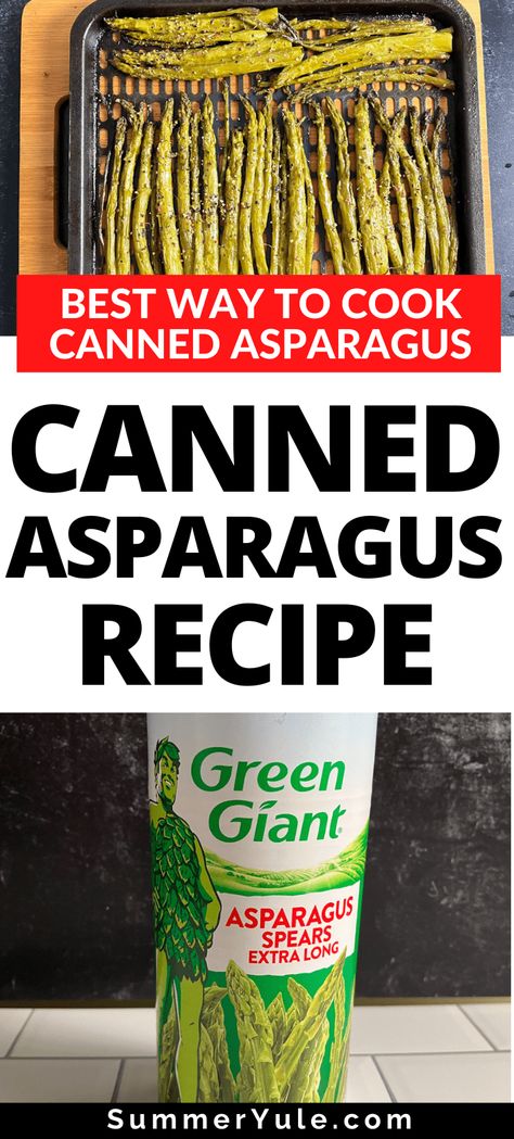 Learn how to cook canned asparagus! Asparagus in a can is a cheap, easy, and delicious way to eat more veggies. Learn how to make canned asparagus crispy, whether you’re using Green Giant canned asparagus, Del Monte, Roland, or another brand. Get simple canned asparagus recipes for the air fryer, oven, and stove, and get my opinion on which is the best! Soft Asparagus Recipes, How To Cook Canned Asparagus, Can Asparagus Recipes, Canned Asparagus Recipe Side Dishes, How To Cook Asparagus In The Oven, Frozen Asparagus Recipes, Canned Asparagus Recipe, Canned Asparagus Recipes, Asperigus Recipes