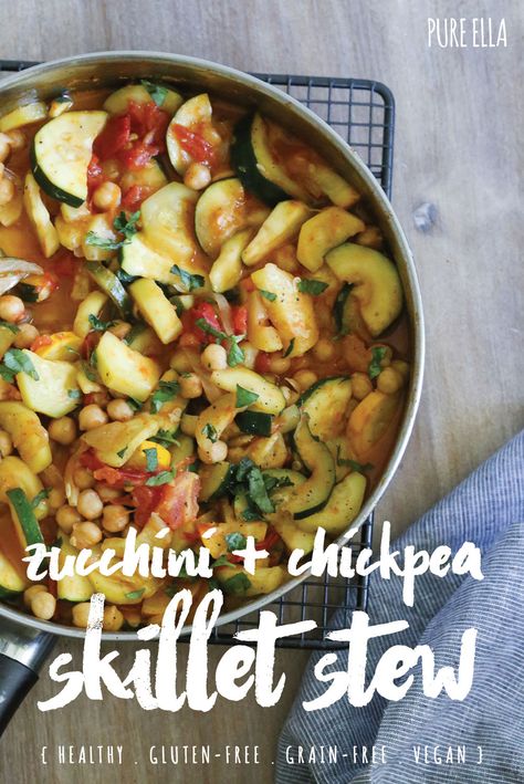 Chickpea Skillet, Summer Stew, Zucchini Chickpea, Vegan Stew Recipes, Healthy Stew, Vegan Stew, Gluten Free Salads, Chickpea Stew, Healthy Zucchini