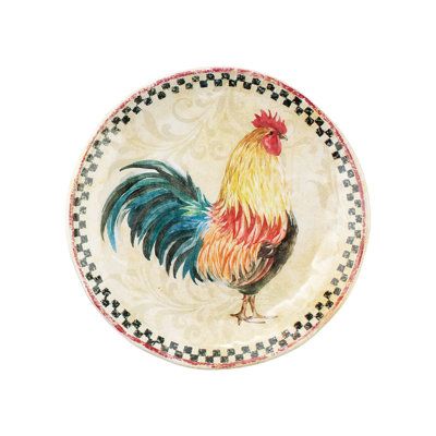 Set a gorgeous dinner table with country rooster print pieces that coordinate perfectly. These country rooster melamine dinnerware set are attractive, functional and a welcome addition to any indoor or outdoor table. It's shatterproof and food safe properties, perfect for entertaining, this set will be a fun addition to your rooster or farm animal party, or use daily to add a bit of joy to your everyday. Easy to clean and dishwasher safe. | Rosalind Wheeler Country Rooster, 6" Plate S12 in Brown Rooster Plates, Farm Animal Party, Country Rooster, Melamine Dinnerware Sets, Rooster Print, Outdoor Dinnerware, Plates And Bowls Set, Dog Stroller, Cozy Dog Bed