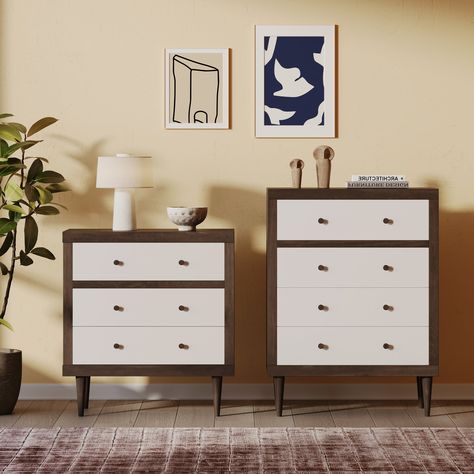 Configure your bedroom space into one that's sensibly stylish. Our outstanding bedroom set offers an impressive three-drawer chest and a four-drawer dresser, created for both functionality and style. This set effortlessly brings a mid-century modern atmosphere to any space with its sophisticated structure and streamlined aesthetics. Complete with plenty of drawers for ample storage space, this two-piece bedroom set provides all sorts of options to remove clutter.MID-CENTURY DESIGN: Blending together tapered legs with a bold bordered design, our two-piece bedroom set offers a mid-century look to your lounge space. With its clean lines and understated look, this set uses new materials to reimagine a traditional design.STORAGE SPACE: Featuring a three-drawer chest and a dresser with four draw