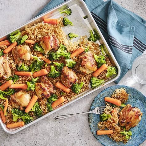 Sheet Pan Teriyaki Chicken and Ramen Noodles Chicken And Ramen, Sheet Pan Teriyaki Chicken, Teriyaki Noodles, Pork Salad, Recipe Sheets, Mediterranean Chicken, Pan Dinners, Pan Meals, Chicken Dinners