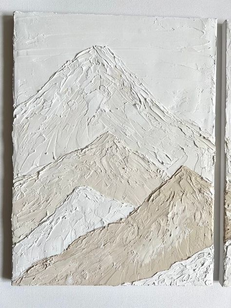 Textured Wall Art Mountain, Easy Neutral Painting Ideas, Two Piece Art Canvases, How To Pick Wall Art, Plaster Wall Art Mountains, Spackle Art Mountains, Neutral Mountain Painting, Painted Plaster Art, Minimalist Plaster Wall Art