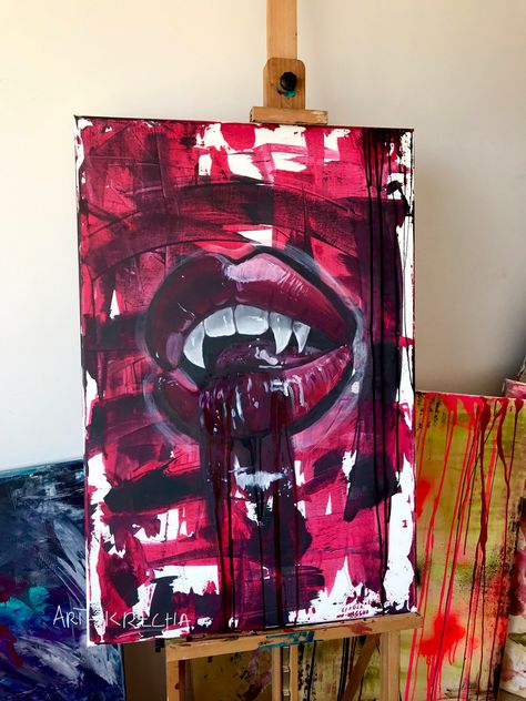 #vampire #lips #painting #art Vampire Painting Aesthetic, Vampire Pop Art, Lip Painting Acrylic, Vampire Painting Ideas, Vampire Painting Easy, Goth Canvas Paintings, Gothic Painting Ideas On Canvas, Goth Painting Ideas On Canvas, Emo Painting Ideas