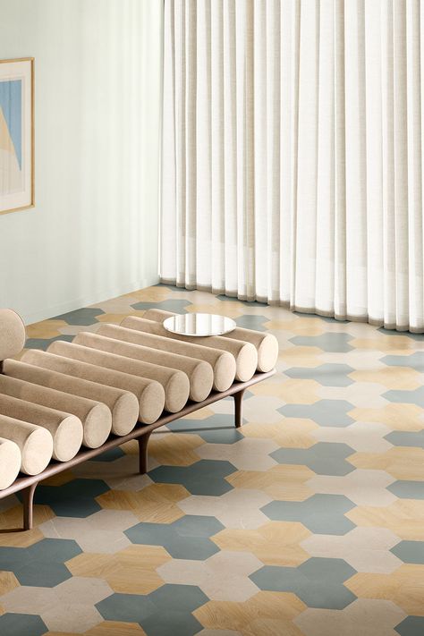 A seating area featuring a patterned floor from the Moduleo Moods flooring collection. Moduleo Flooring, 70 Pattern, Patterned Vinyl Flooring, Vinyl Floors, Display Boards, Luxury Vinyl Flooring, Colour Combinations, Wood Patterns, Luxury Vinyl