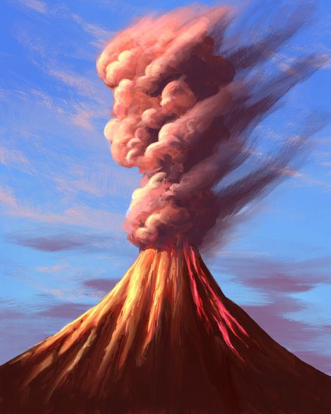 Volcano Illustration Digital Art, How To Paint A Volcano, Volcano Eruption Painting, Volcano Digital Art, Volcano Illustration, Natural Disasters Art, Volcano Painting, Volcano Explosion, Volcano Drawing