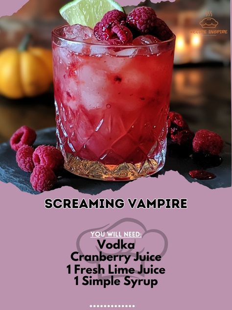 🧛🏼‍♂️ Sink your teeth into the tantalizing "Screaming Vampire" cocktail! 🩸💉 Perfect for spooky nights! 🦇🌙 🍹Screaming Vampire Ingredients: - 2 oz Vodka - 1 oz Cranberry Juice - 1/2 oz Fresh Lime Juice - 1/2 oz Simple Syrup - 1/2 oz Raspberry Liqueur - Fresh Raspberries for garnish Instructions: 1. Fill a shaker with ice. 2. Add vodka, cranberry juice, lime juice, simple syrup, and raspberry liqueur. 3. Shake well and strain into a glass over ice. 4. Garnish with fresh raspberries. 5. Enjoy y... Cocktails With Raspberry Vodka, Simple Halloween Drinks Alcohol, Huckleberry Vodka Drinks Recipes, Raspberry Liqueur Cocktails, Simple Cocktails 3 Ingredients, Red Halloween Cocktails, Cranberry Alcoholic Drinks, Vodka Halloween Drinks, Simple Halloween Cocktails