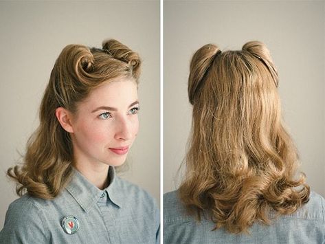 1940 Hair, 40s Hairstyles, Vintage Hairstyles Tutorial, Victory Rolls, 1940s Hairstyles, Pin Up Vintage, Roll Hairstyle, European Hair, Pin Up Hair