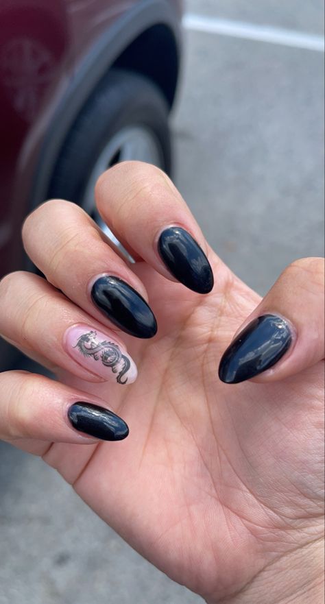 Black with dragon sticker Nails Dragon, Dragon Nails, Dragon Sticker, Simple Nail Designs, Nail Inspiration, Mani Pedi, Story Ideas, Lookbook Outfits, Black Nails