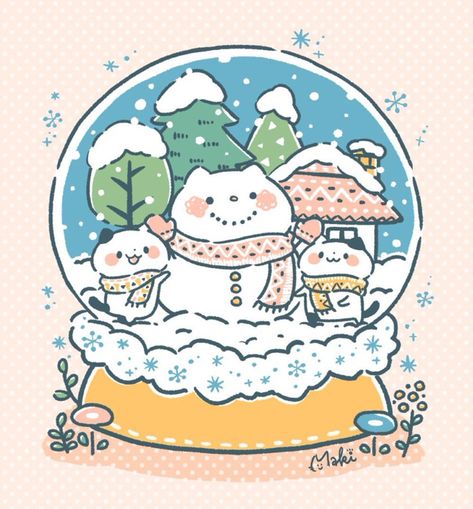 Cute Winter Drawings Kawaii, Kawaii Winter Illustration, Snowman Cute Drawing, Christmas Snowglobe Illustration, Winter Trees Illustration, Cute Winter Images, Snow Globe Drawing Ideas, Kawaii Christmas Art, Kawaii Christmas Aesthetic