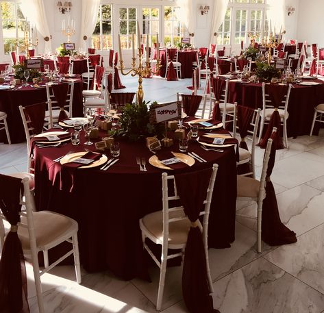 Burgundy Tablecloth Wedding Overlays, White Burgundy Gold Wedding, Burgundy And Ivory Table Setting, Red Lace Tablecloth, Maroon And Gold Wedding Centerpieces, Burgundy Main Table Wedding, Burgundy And Gold Wedding Reception Wedding Table Decor, Wedding Table Decorations Maroon, Burgundy White Gold Wedding