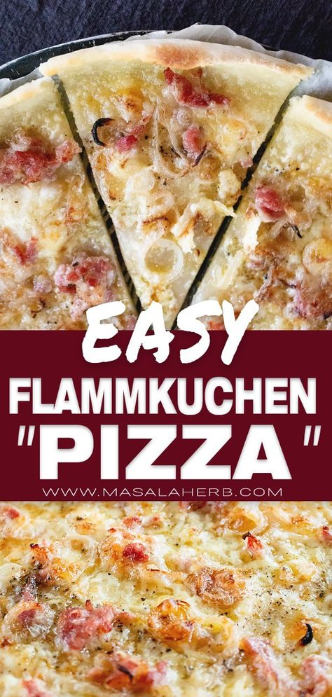 Flammkuchen (Tarte flambée) is a quick and easy meal idea and a welcome change from the conventional pizza. Flamkuchen Recipe, German Pizza Recipes, Alsatian Recipes, Tarte Flambee Recipe, Flammkuchen Recipe, Cold Vegetable Pizza, Vegetable Pizza Recipes, Mushroom Pizza Recipes, Pizza Video